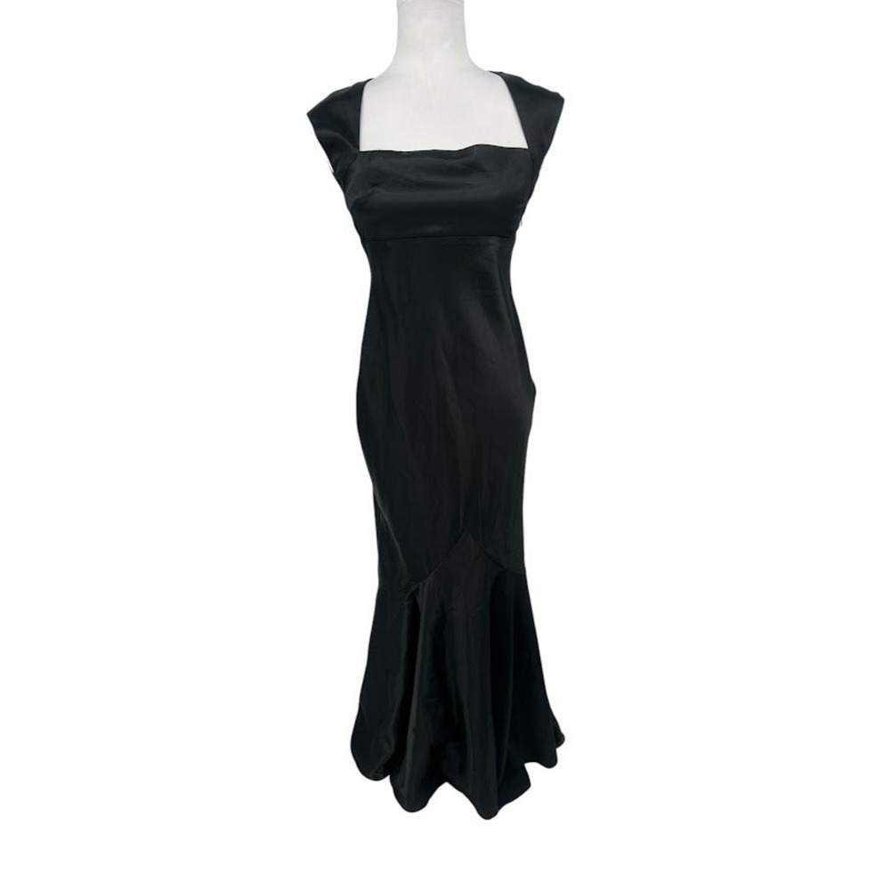 Vtg Scene Black Satin Maxi Mermaid Dress 3/4 Square Neck 90s Y2K Prom Goth Gown